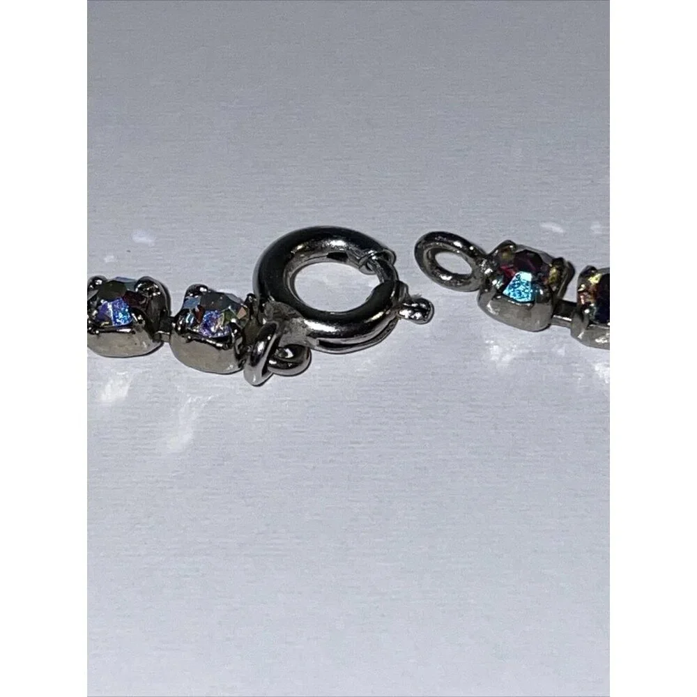 NOS! Vintage Blue Tint Aurora Borealis Rhinestone Necklace Unsigned Foil Back E5